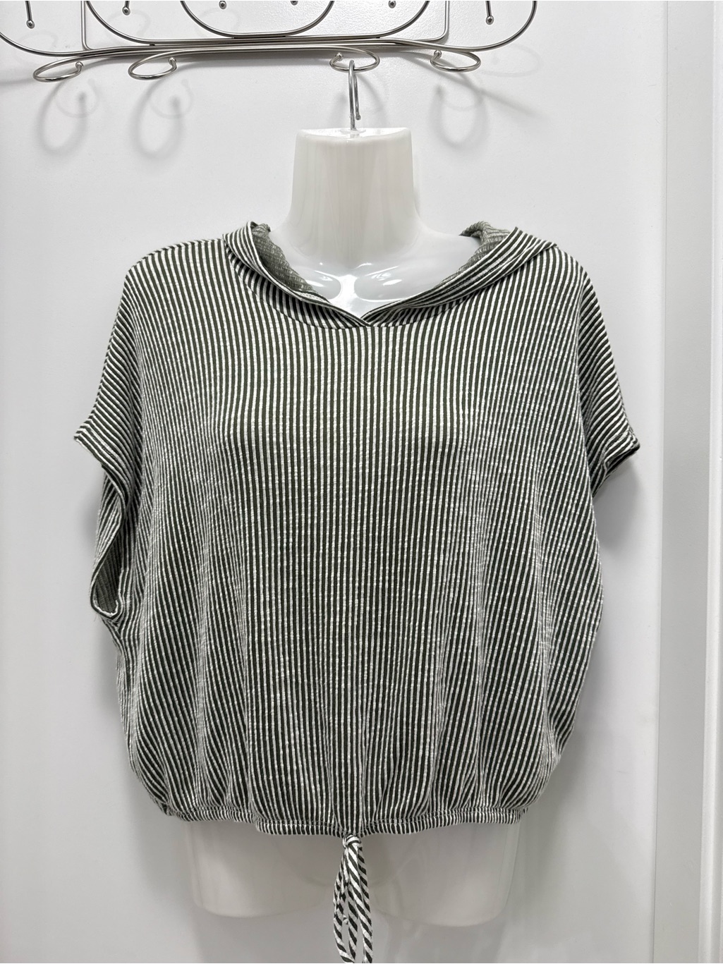 Olive & White Pinstripe Batwing Top With A Hood Size S-M